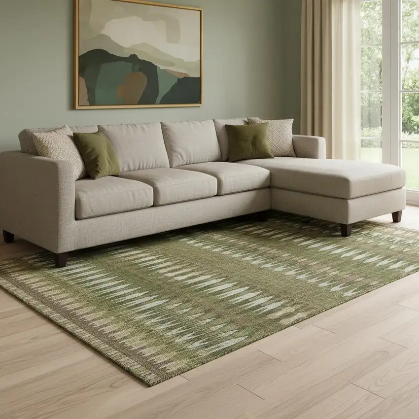 Olive Green Ivory And Brown Southwestern Washable Area Rug With UV Protection Photo 1