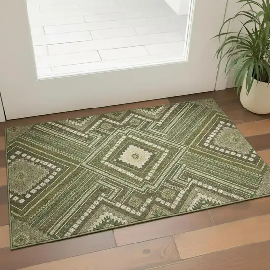 Olive Green Ivory And Brown Tribal Washable Area Rug With UV Protection Photo 2