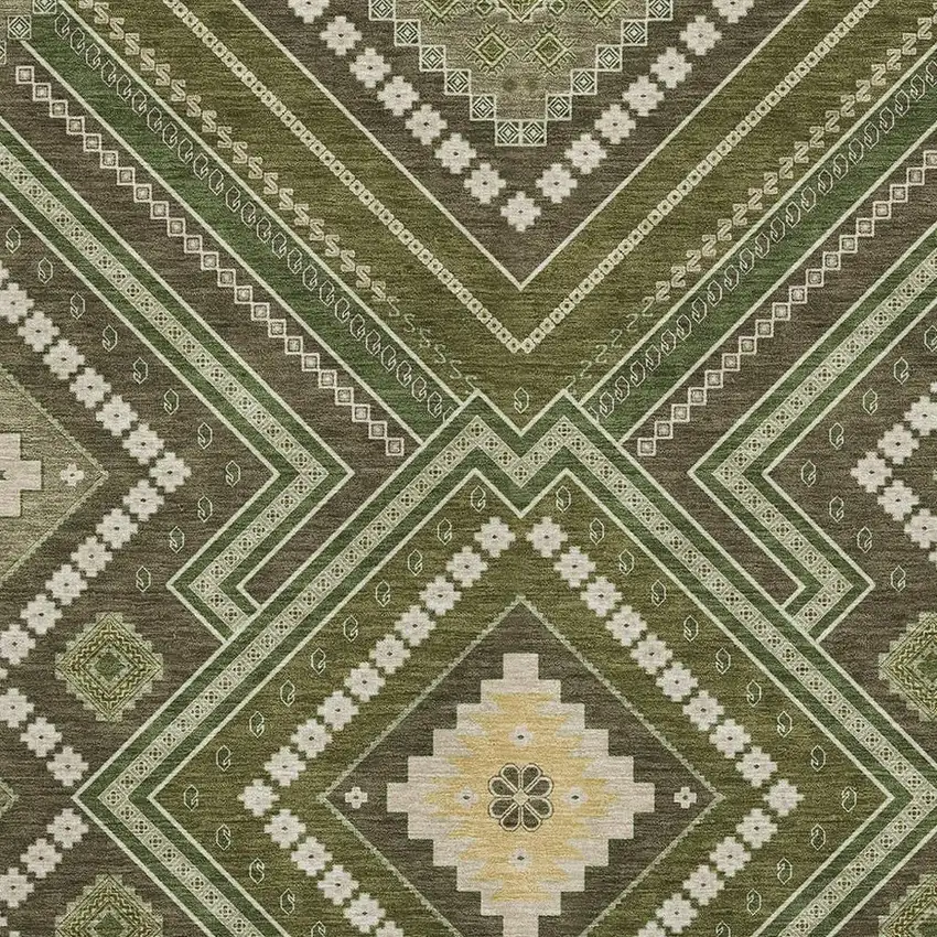 Olive Green Ivory And Brown Tribal Washable Area Rug With UV Protection Photo 2