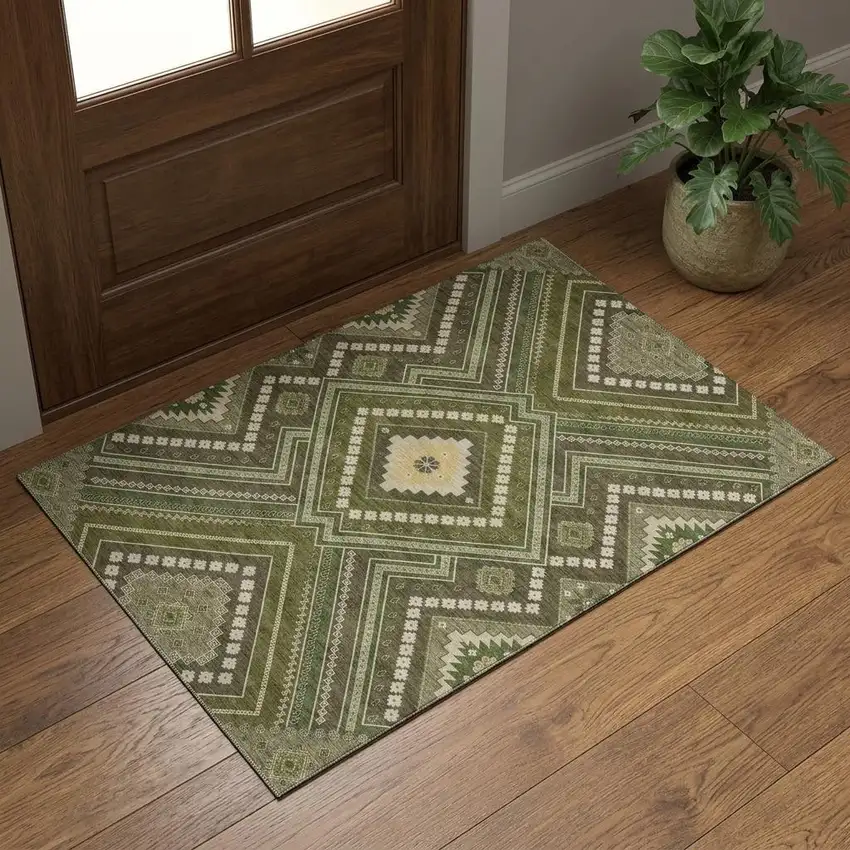 Olive Green Ivory And Brown Tribal Washable Area Rug With UV Protection Photo 1