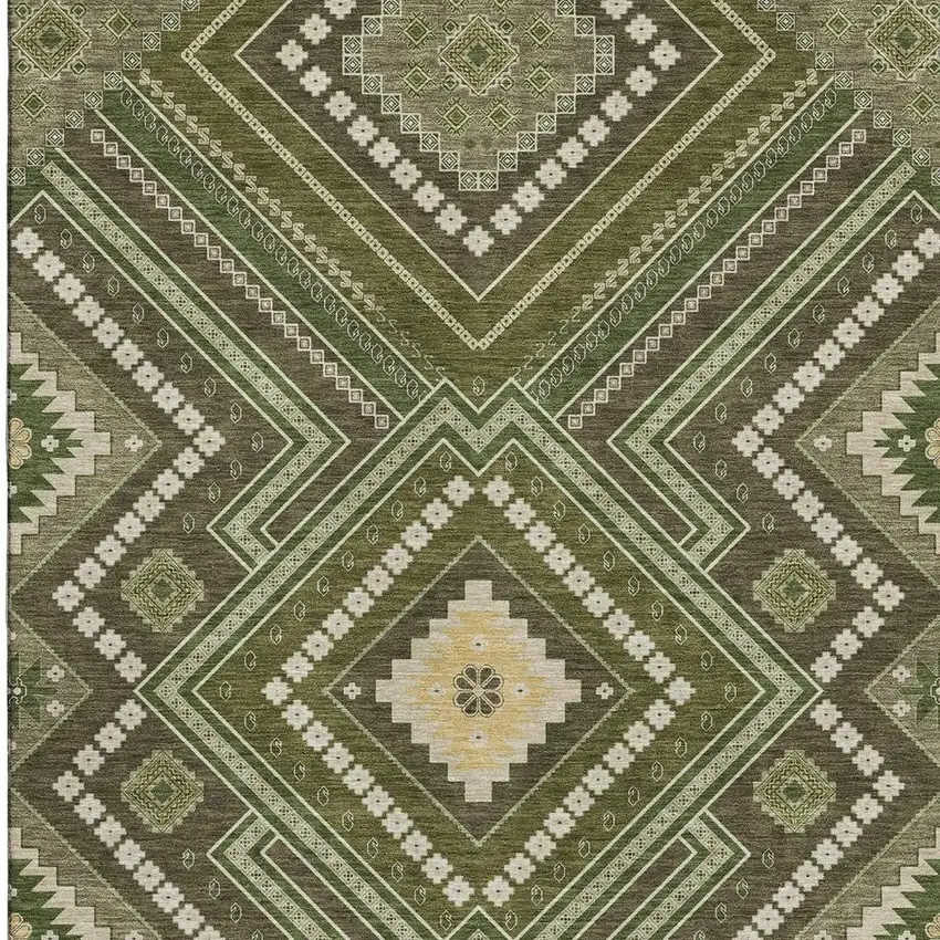 Olive Green Ivory And Brown Tribal Washable Area Rug With UV Protection Photo 3