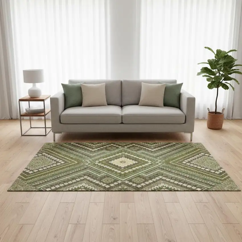 Olive Green Ivory And Brown Tribal Washable Area Rug With UV Protection Photo 2