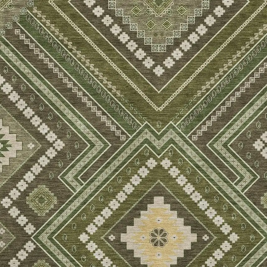 Olive Green Ivory And Brown Tribal Washable Area Rug With UV Protection Photo 2