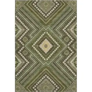 Photo of Olive Green Ivory And Brown Tribal Washable Area Rug With UV Protection