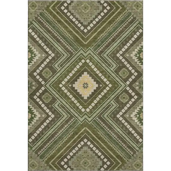 Olive Green Ivory And Brown Tribal Washable Area Rug With UV Protection Photo 1