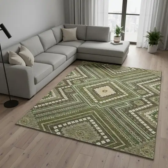 Olive Green Ivory And Brown Tribal Washable Area Rug With UV Protection Photo 2