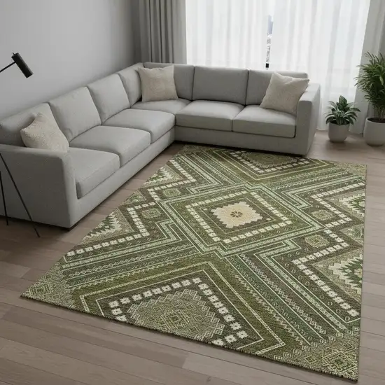 Olive Green Ivory And Brown Tribal Washable Area Rug With UV Protection Photo 2