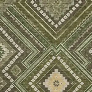 Photo of Olive Green Ivory And Brown Tribal Washable Area Rug With UV Protection