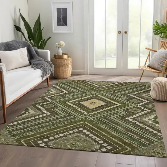 Olive Green Ivory And Brown Tribal Washable Area Rug With UV Protection Photo 5