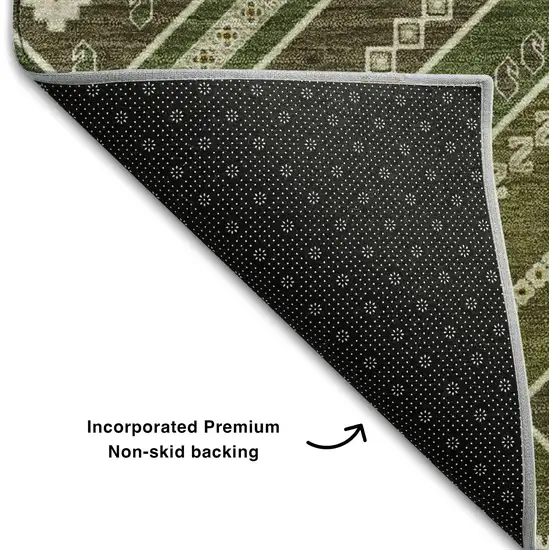 Olive Green Ivory And Brown Tribal Washable Area Rug With UV Protection Photo 6