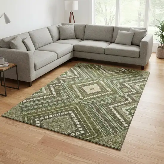 Olive Green Ivory And Brown Tribal Washable Area Rug With UV Protection Photo 2