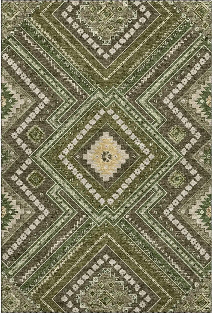 Olive Green Ivory And Brown Tribal Washable Area Rug With UV Protection Photo 1