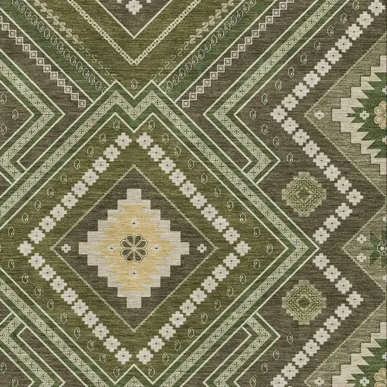 Olive Green Ivory And Brown Tribal Washable Area Rug With UV Protection Photo 2