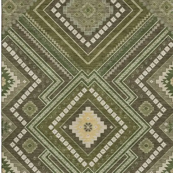 Olive Green Ivory And Brown Tribal Washable Area Rug With UV Protection Photo 3