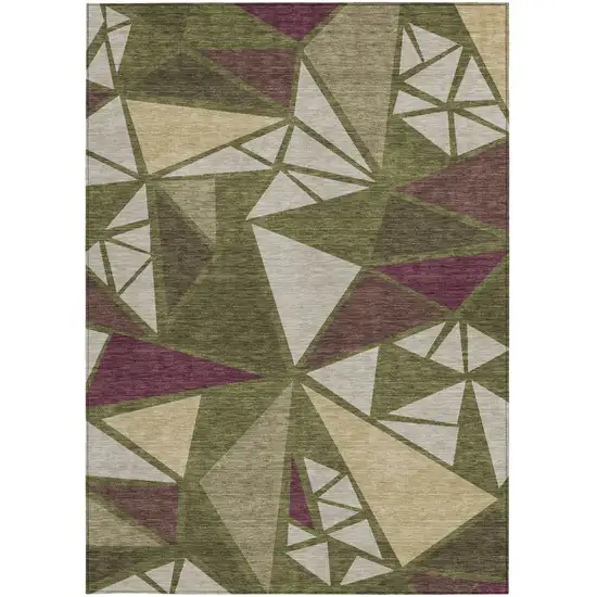 Olive Green Ivory And Burgundy Geometric Washable Indoor Outdoor Area Rug Photo 8