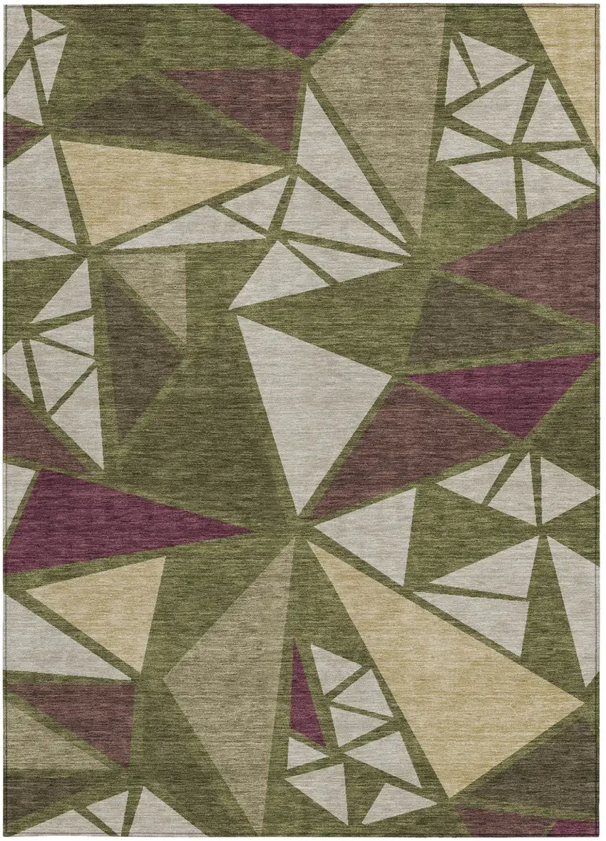 Olive Green Ivory And Burgundy Geometric Washable Indoor Outdoor Area Rug Photo 8