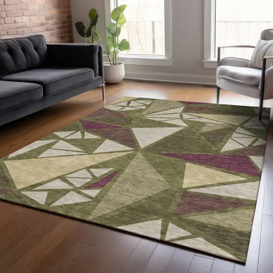 Olive Green Ivory And Burgundy Geometric Washable Indoor Outdoor Area Rug Photo 9