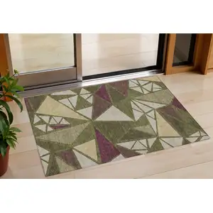 Photo of Olive Green Ivory And Burgundy Geometric Washable Indoor Outdoor Area Rug