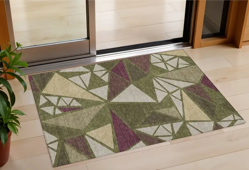 Olive Green Ivory And Burgundy Geometric Washable Indoor Outdoor Area Rug Photo 1