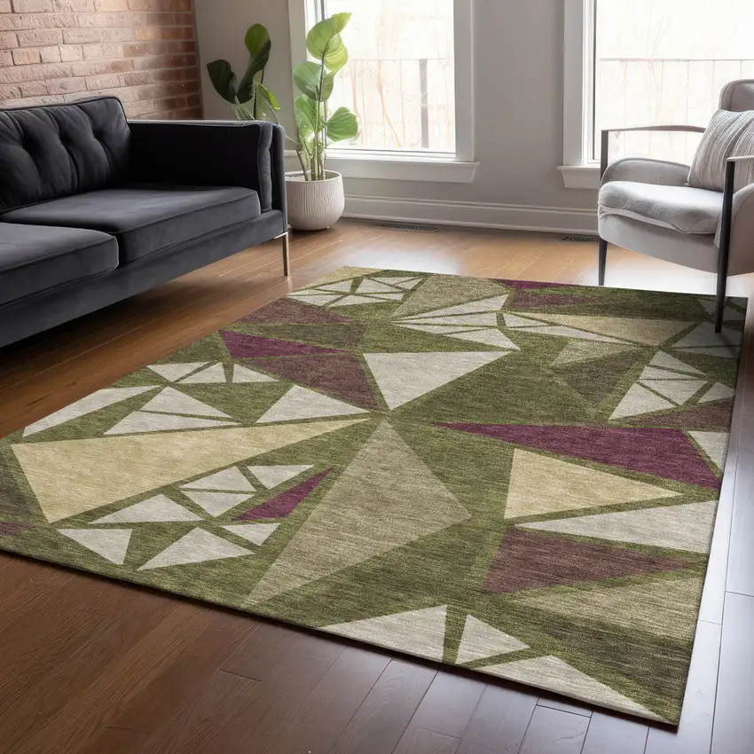 Olive Green Ivory And Burgundy Geometric Washable Indoor Outdoor Area Rug Photo 9