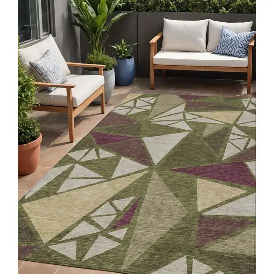 Olive Green Ivory And Burgundy Geometric Washable Indoor Outdoor Area Rug Photo 1