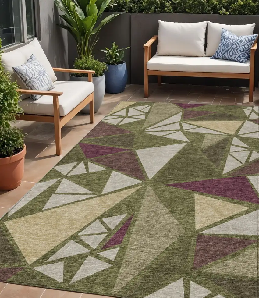 Olive Green Ivory And Burgundy Geometric Washable Indoor Outdoor Area Rug Photo 1