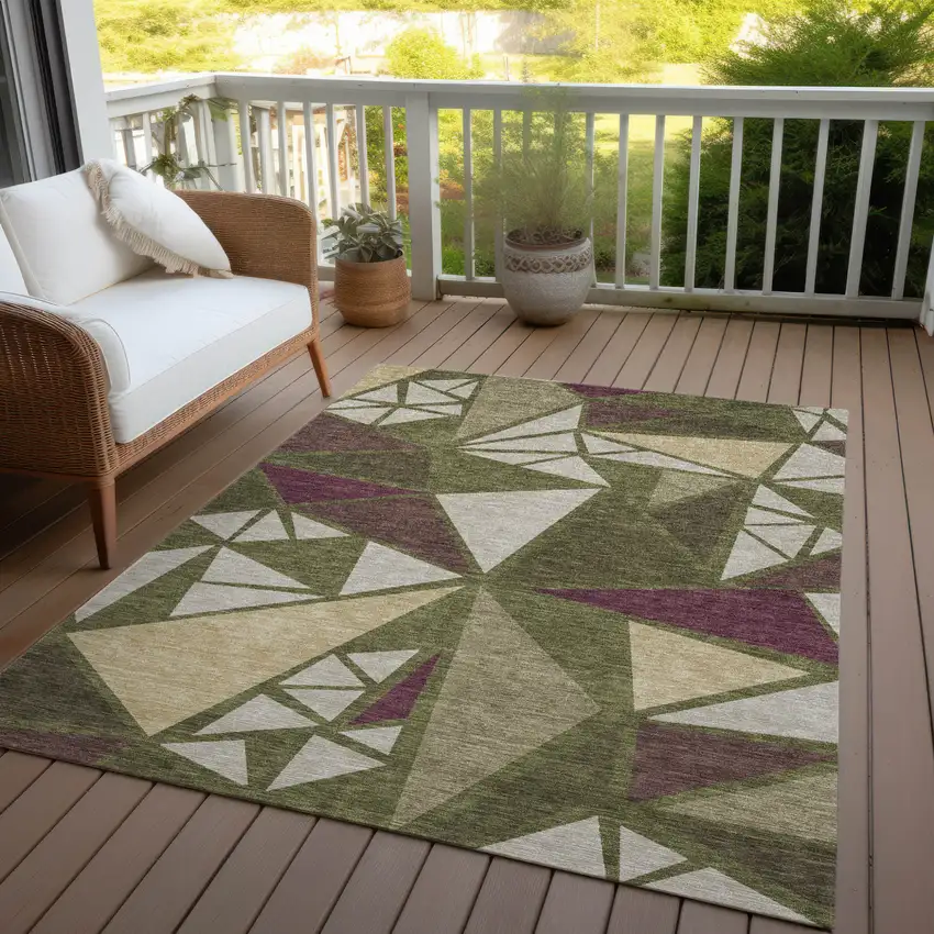 Olive Green Ivory And Burgundy Geometric Washable Indoor Outdoor Area Rug Photo 9