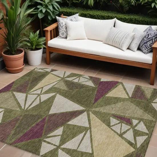 Olive Green Ivory And Burgundy Geometric Washable Indoor Outdoor Area Rug Photo 1