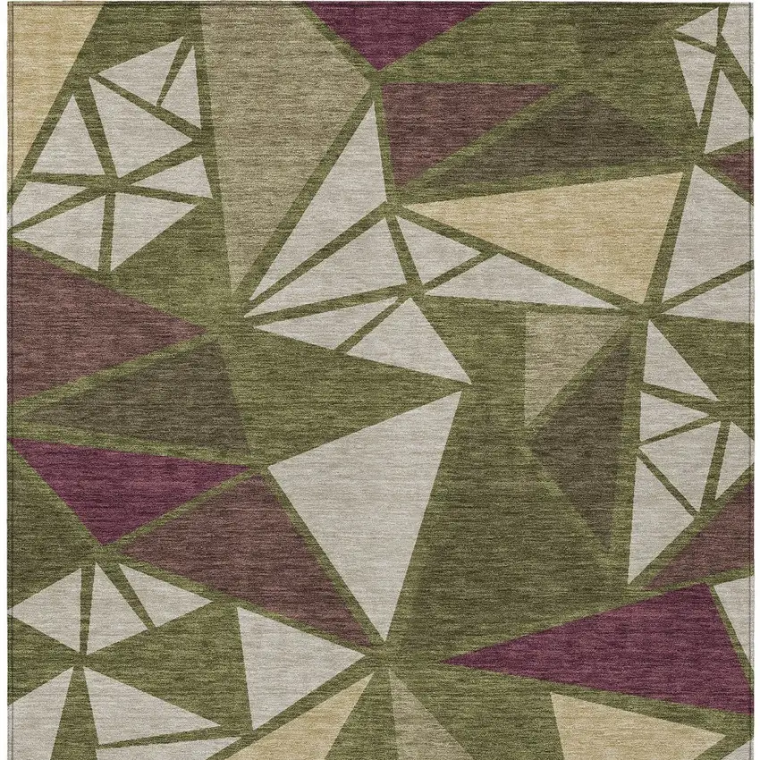 Olive Green Ivory And Burgundy Geometric Washable Indoor Outdoor Area Rug Photo 8
