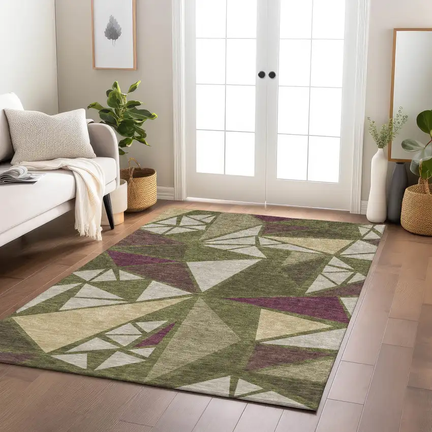 Olive Green Ivory And Burgundy Geometric Washable Indoor Outdoor Area Rug Photo 9