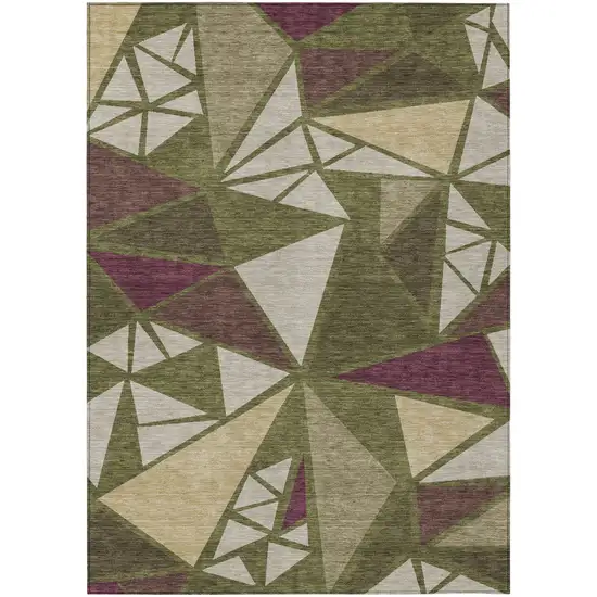 Olive Green Ivory And Burgundy Geometric Washable Indoor Outdoor Area Rug Photo 2