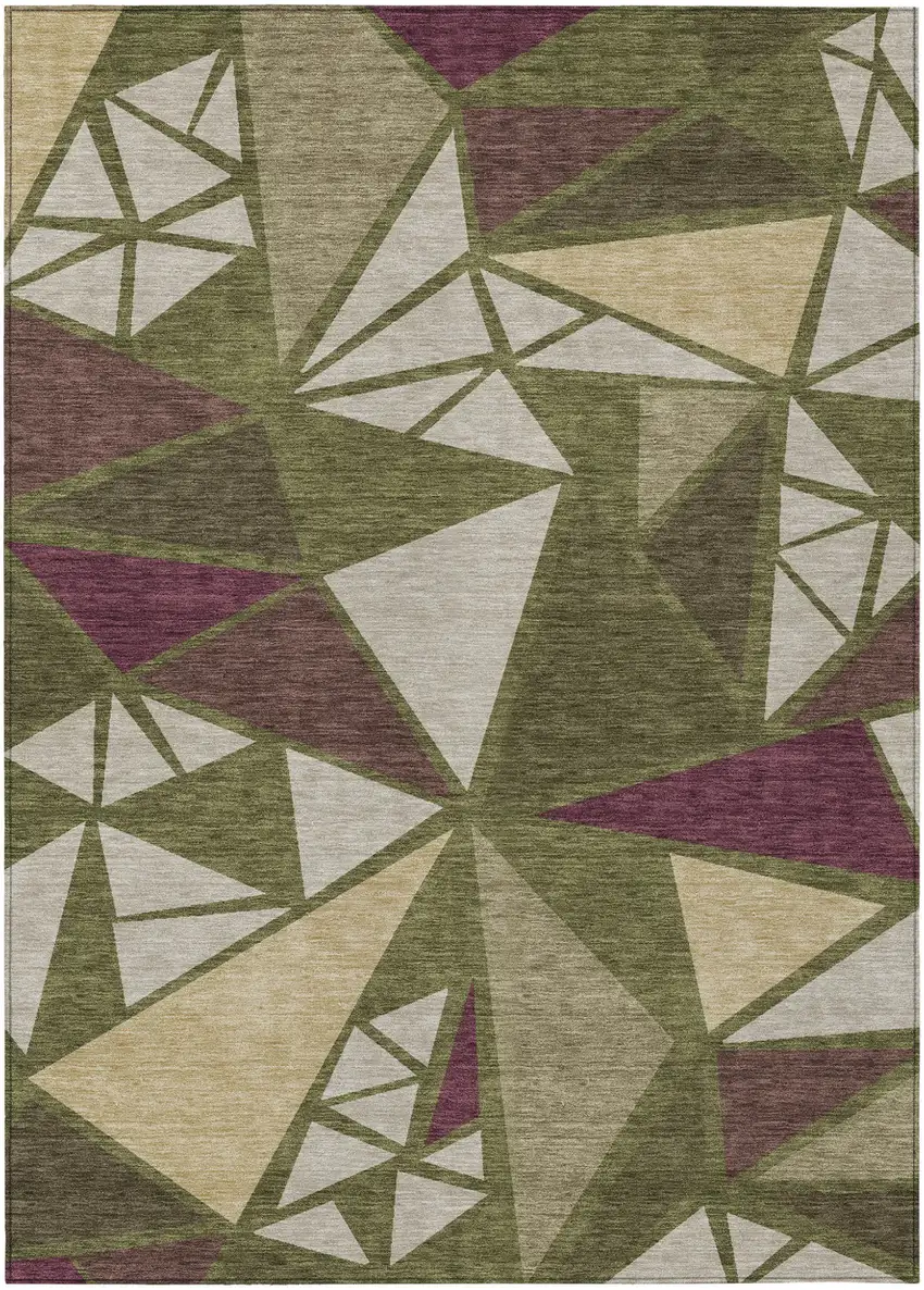 Olive Green Ivory And Burgundy Geometric Washable Indoor Outdoor Area Rug Photo 2