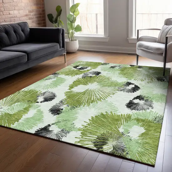Olive Green Ivory And Charcoal Floral Washable Indoor Outdoor Area Rug Photo 8