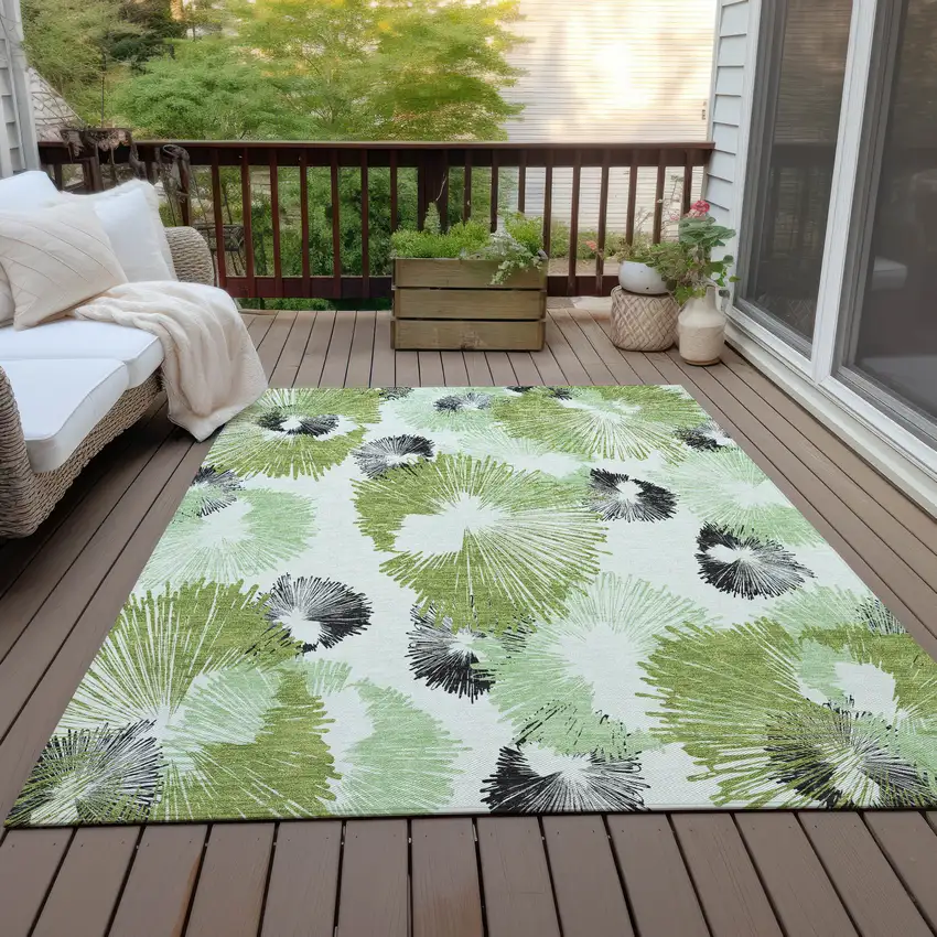 Olive Green Ivory And Charcoal Floral Washable Indoor Outdoor Area Rug Photo 7