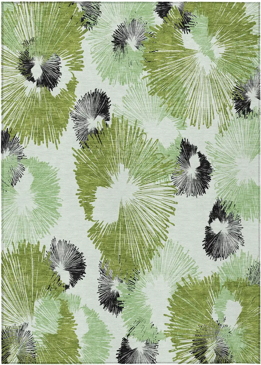 Olive Green Ivory And Charcoal Floral Washable Indoor Outdoor Area Rug Photo 1