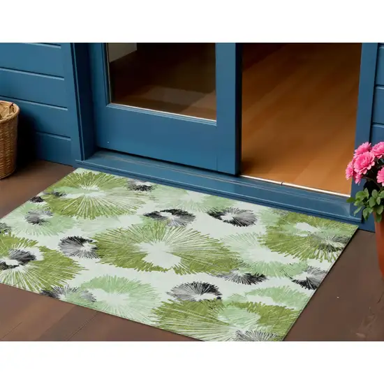 Olive Green Ivory And Charcoal Floral Washable Indoor Outdoor Area Rug Photo 2