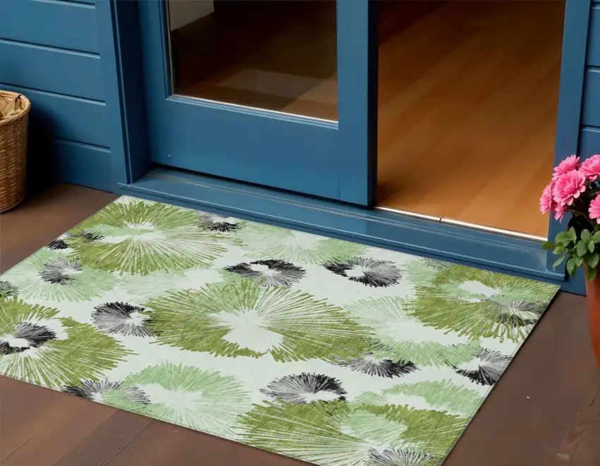 Olive Green Ivory And Charcoal Floral Washable Indoor Outdoor Area Rug Photo 2