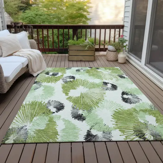 Olive Green Ivory And Charcoal Floral Washable Indoor Outdoor Area Rug Photo 7