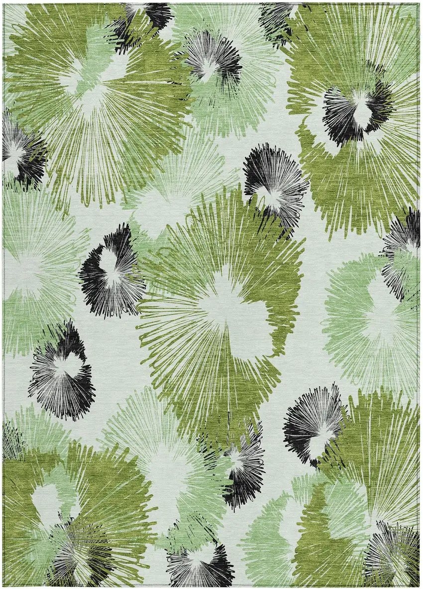 Olive Green Ivory And Charcoal Floral Washable Indoor Outdoor Area Rug Photo 4