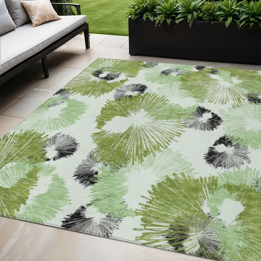 Olive Green Ivory And Charcoal Floral Washable Indoor Outdoor Area Rug Photo 2