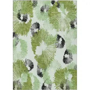 Photo of Olive Green Ivory And Charcoal Floral Washable Indoor Outdoor Area Rug