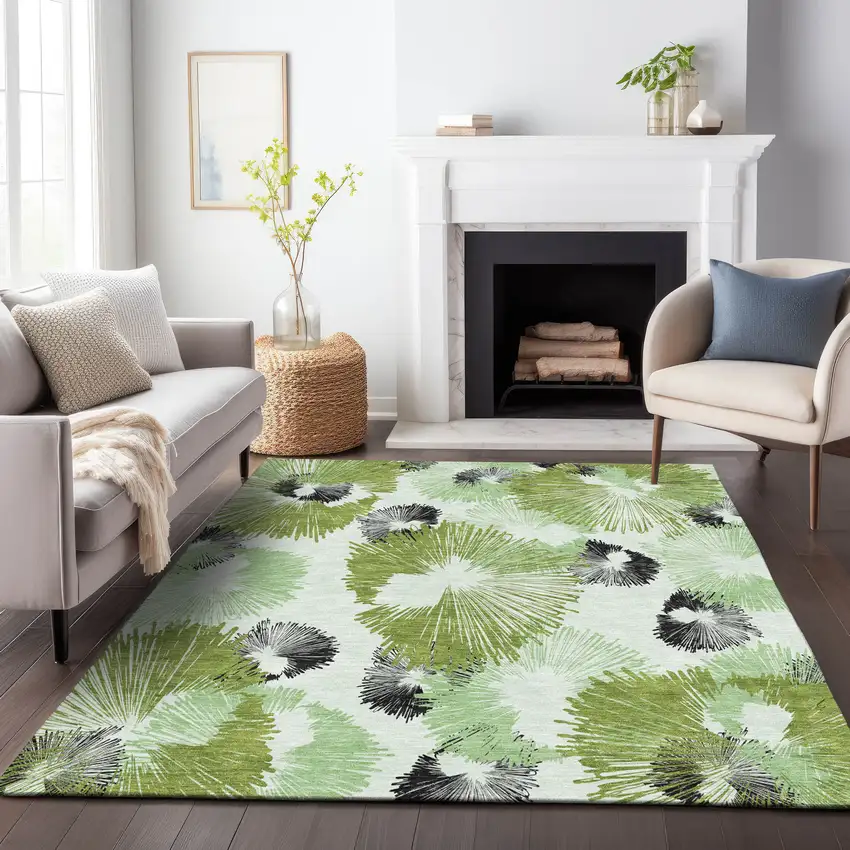 Olive Green Ivory And Charcoal Floral Washable Indoor Outdoor Area Rug Photo 9