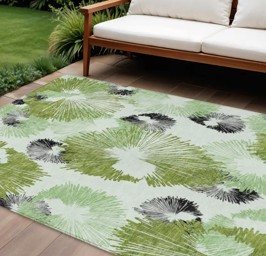 Olive Green Ivory And Charcoal Floral Washable Indoor Outdoor Area Rug Photo 2