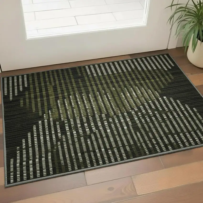 Olive Green Ivory And Charcoal Geometric Washable Area Rug With UV Protection Photo 2