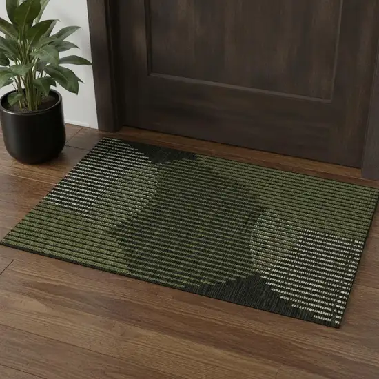 Olive Green Ivory And Charcoal Geometric Washable Area Rug With UV Protection Photo 1