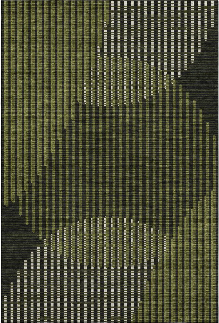 Olive Green Ivory And Charcoal Geometric Washable Area Rug With UV Protection Photo 6