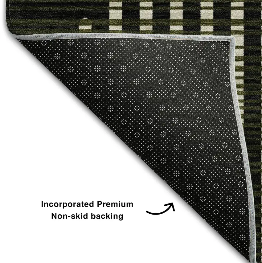 Olive Green Ivory And Charcoal Geometric Washable Area Rug With UV Protection Photo 7