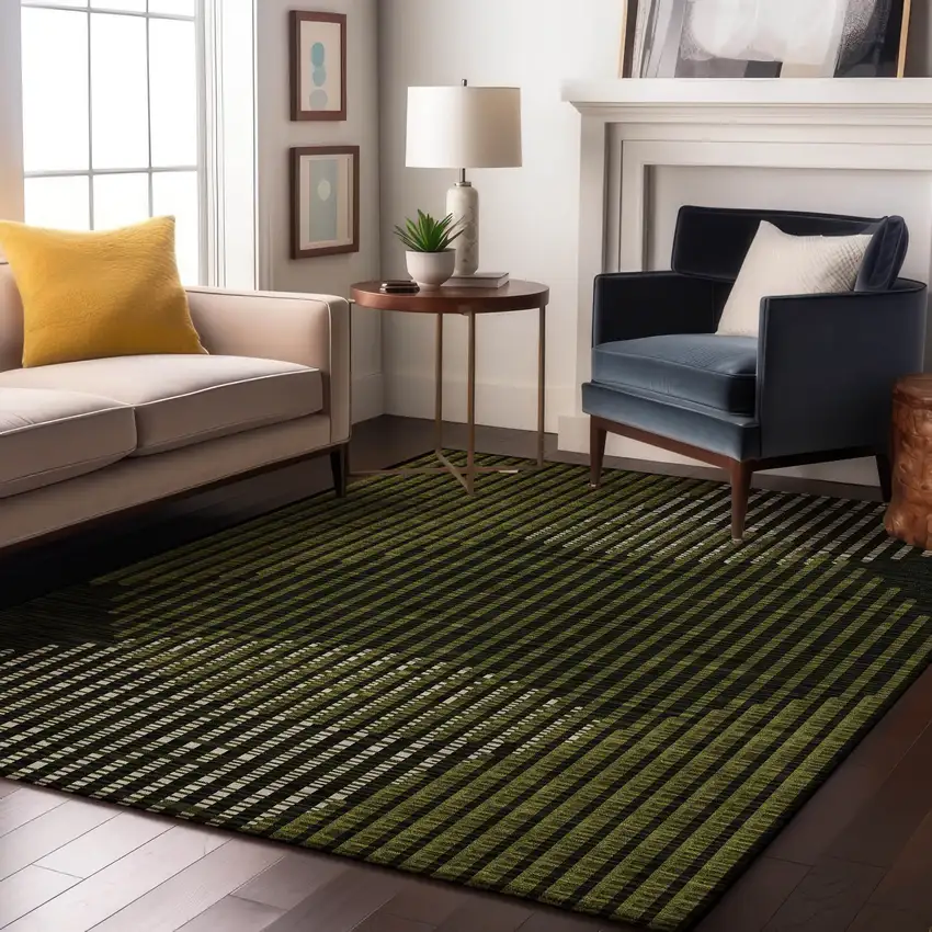 Olive Green Ivory And Charcoal Geometric Washable Area Rug With UV Protection Photo 4