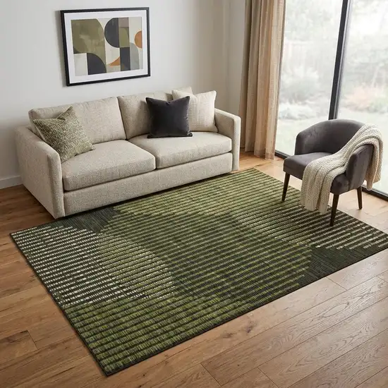 Olive Green Ivory And Charcoal Geometric Washable Area Rug With UV Protection Photo 1