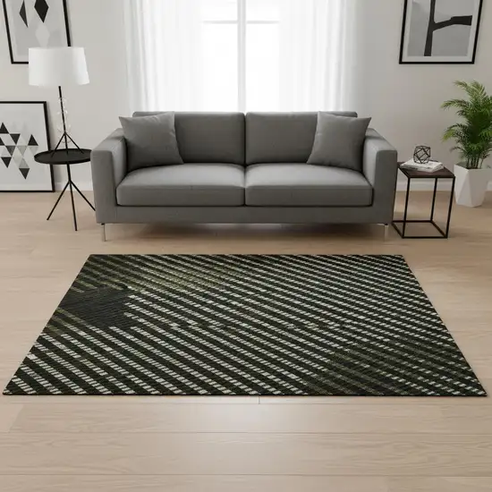 Olive Green Ivory And Charcoal Geometric Washable Area Rug With UV Protection Photo 2